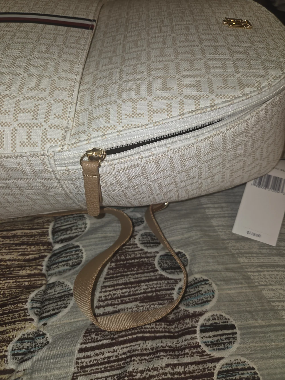 Tommy Hilfiger-Inspired White Monogram Backpack with Stripe